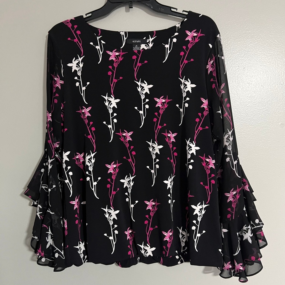 Alfani Black Pink dark Floral Bell‎ Sleeve Blouse Medium flowy romantic dressy
